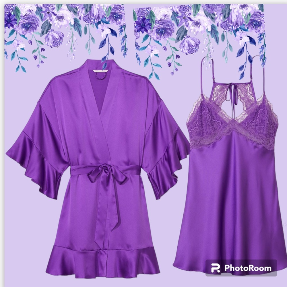 Victoria’s Secret MED VIOLETTA Satin Lace Cutout Slip & ROBE